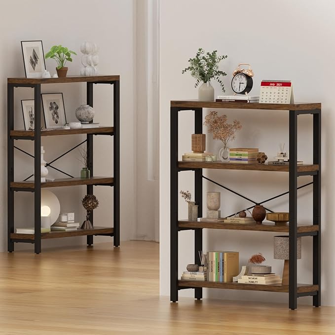 4-Tier 39.37" Wide Heavy Duty Bookshelf, Industrial Wood and Metal Bookshelf, Vintage Bookcase with Lock Wall Design, Living Room Shelf, Rustic Brown