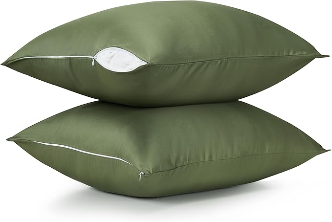 Cotton Pillow Protectors/Cases Standard Size with Zipper 2 Pack Olive Green Color,Cooling & Breathable Bed Pillow Protectors Set of 2 Pillow Cases Cover Standard 20" x 26"