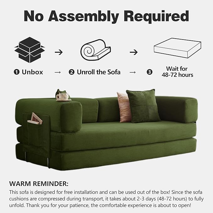 78.8" Convertible Sofa Bed -Compression Sofa with Corduroy Fabric - with Armrests and Backrest - Modular Sectional for Living Room, Bedroom, Studio - Compression Sofa in Box (Military Green)