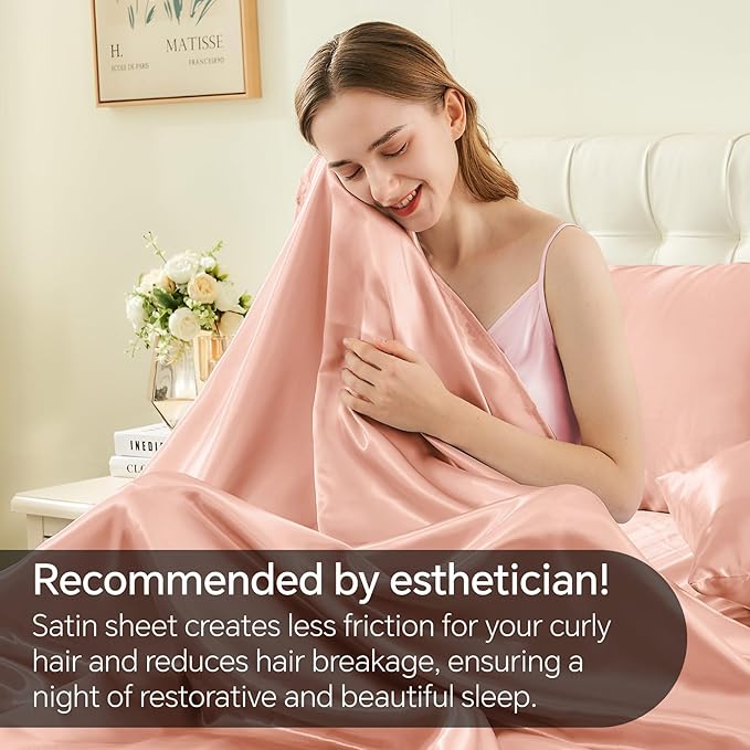 BEDELITE Satin Sheets Twin XL Size Bed Set, Luxury Soft Coral Pink Silky Sheets for Hair and Skin, Similar to Silk Bed Sheets Set 3 Pieces with 1 Deep Pocket Fitted Sheet, 1 Flat Sheet, 1 Pillowcase