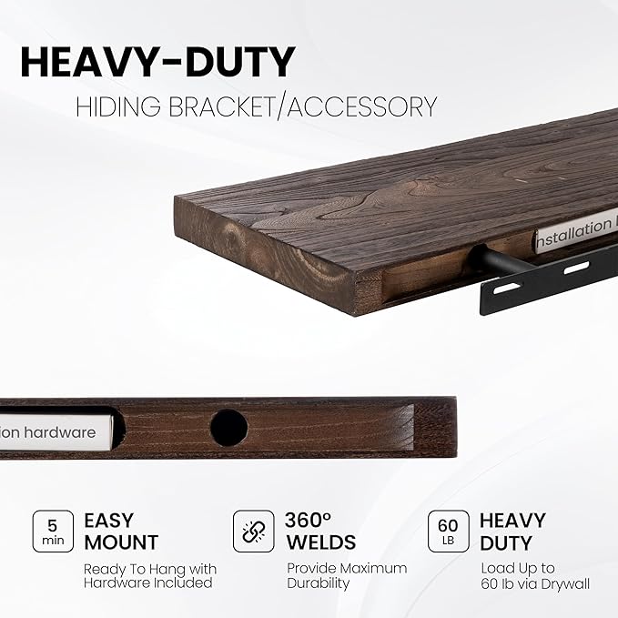 Floating Shelves for Wall, 36"x9.3" Rustic Solid Live-Edge Elm Wood Wall Shelves, Heavy-Duty Floating Shelves with Invisible Brackets, Set of 2 for Living Room, Bedroom, and Kitchen, Walnut Finish