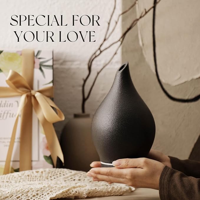 Porseme 150ml Essential Oil Diffuser Ceramic Color Changing Aroma Air Diffusers Aromatherapy Ultrasonic Cool Mist Humidifier 6 Running Hours for Spa Office Sleeping Yoga (Black Ceramic)