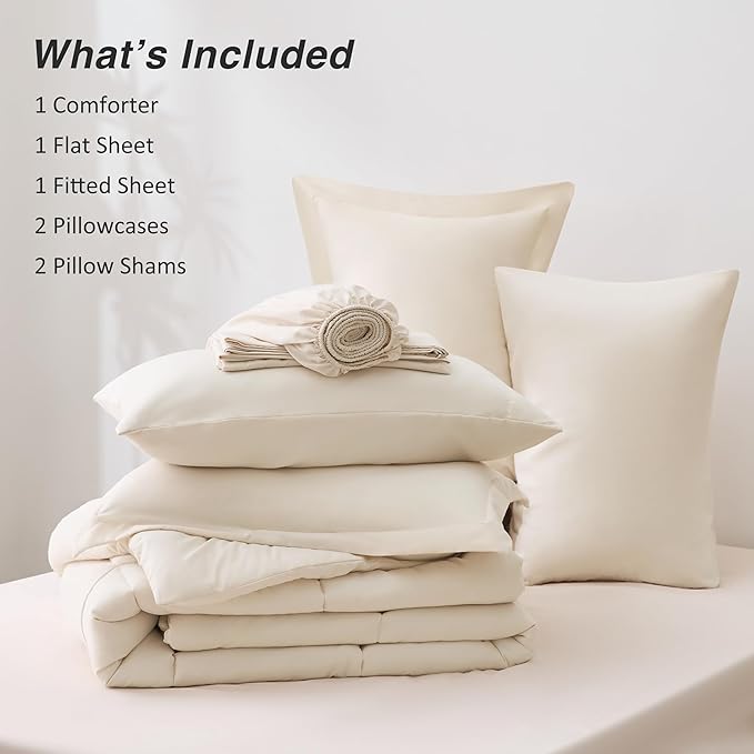 Love's cabin Queen Comforter Set Beige, 7 Pieces Queen Bed in a Bag, All Season Bedding Sets with 1 Comforter, 1 Flat Sheet, 1 Fitted Sheet, 2 Pillowcase and 2 Pillow Sham