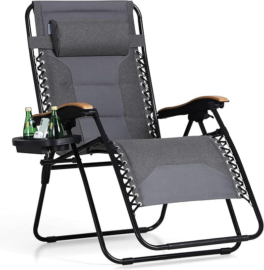 PHI VILLA XXL Oversized Padded Zero Gravity Chair, Foldable Patio Recliner, 30" Wide Seat Anti Gravity Lounger with Cup Holder, Support 400 LBS (Light Gray)