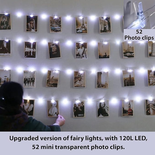 HXWEIYE 120LEDs White Photo Clips String Light, 40Ft Fairy Light with 52 Clear Clips & 12 Hooks on Wall, Timer & 8 Modes USB Powered Copper Wire String Light for hanging picture, Bedroom Wedding Party