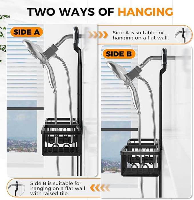 REINHARDT Aluminum Shower Caddy Hanging Adjustable Shower Caddy, Rustproof Hanging Shower Organizer with Hooks Soap Holders, Over Shower Head Caddy for Handheld Showerhead, Black