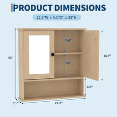 22.2 Inch Mirrored Medicine Cabinet for Bathroom, Over Toilet Wall-Mounted Storage Cabinet with Adjustable Shelf, Waterproof MDF Cabinet for Bathroom Organization