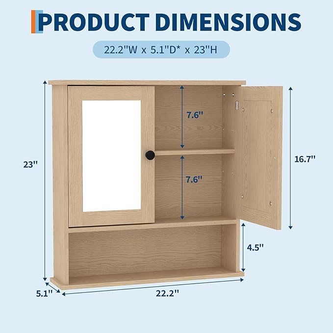 22.2 Inch Mirrored Medicine Cabinet for Bathroom, Over Toilet Wall-Mounted Storage Cabinet with Adjustable Shelf, Waterproof MDF Cabinet for Bathroom Organization