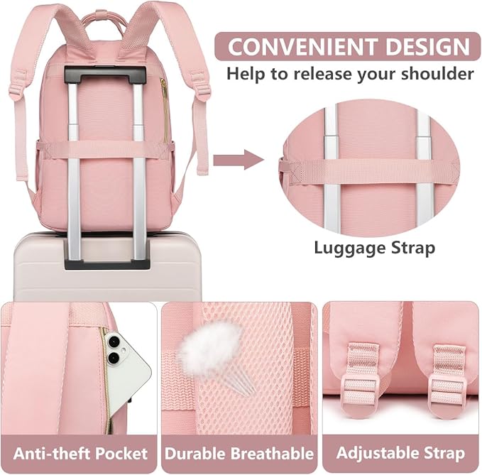 Laptop Backpack for Women Work Bag - 15.6 inch Travel Backpack with USB Charger Business Computer Backpacks for Office College Back pack for Teacher Casual Waterproof Bookbag for Nurses Pink