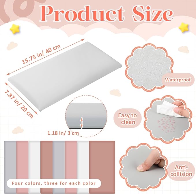 12 Pack Wall Padding for Playroom Peel and Stick Headboard 15.75" x 7.87" x 1.18" 3D Anti Collision Upholstered Wall Panels Self Adhesive Headboard Panel for Protection (Pink Colors)