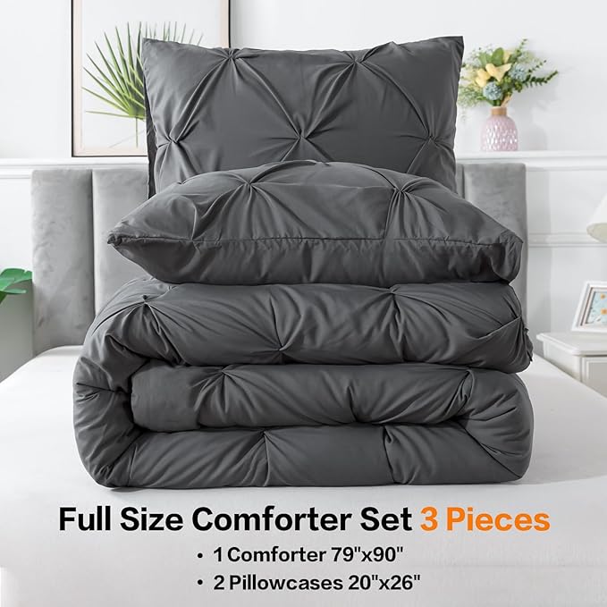 Andency Dark Grey Pinch Pleat Comforter Full(79x90Inch), 3 Pieces(1 Down Alternative Comforter and 2 Pillowcases) Grey Bed Set Microfiber Pintuck Bedding Set
