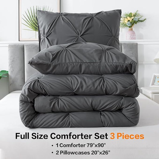Andency Dark Grey Pinch Pleat Comforter Full(79x90Inch), 3 Pieces(1 Down Alternative Comforter and 2 Pillowcases) Grey Bed Set Microfiber Pintuck Bedding Set