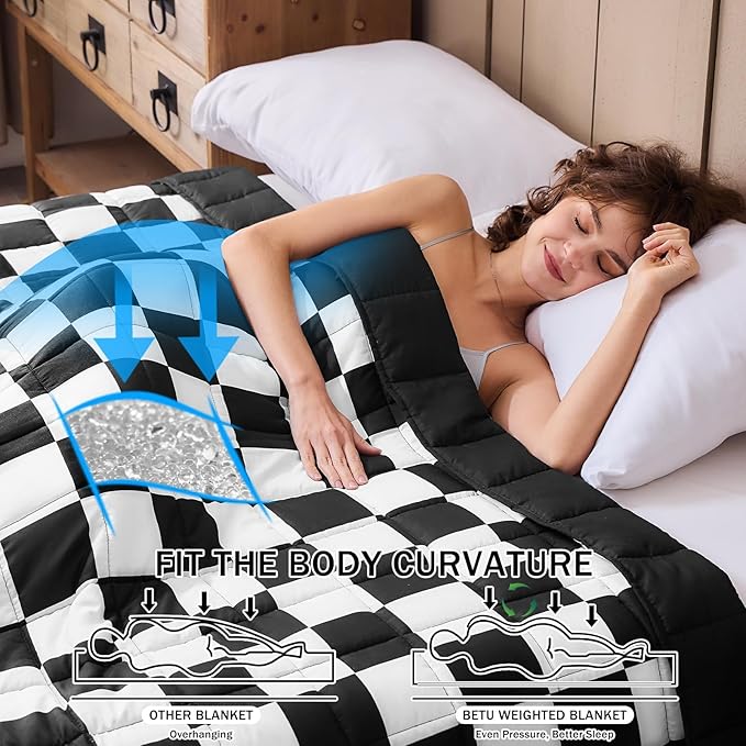 Black Checkered Weighted Blanket for Adults 12lbs, 60"x80" Queen Size, Cooling Heavy Blanket for 110-130lbs with Premium Glass Beads, Soft Thick Big Blankets for All-Season Sleeping Comfort Breathable
