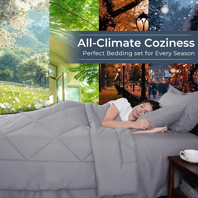 HEVUMYI Light Grey Queen Comforter Set - 7-Piece All Season Bed in a Bag Queen, Ultra Soft Bedding Set with Comforter, Flat Sheet, Fitted Sheet, Pillowcases, Pillow Shams, Light Gray