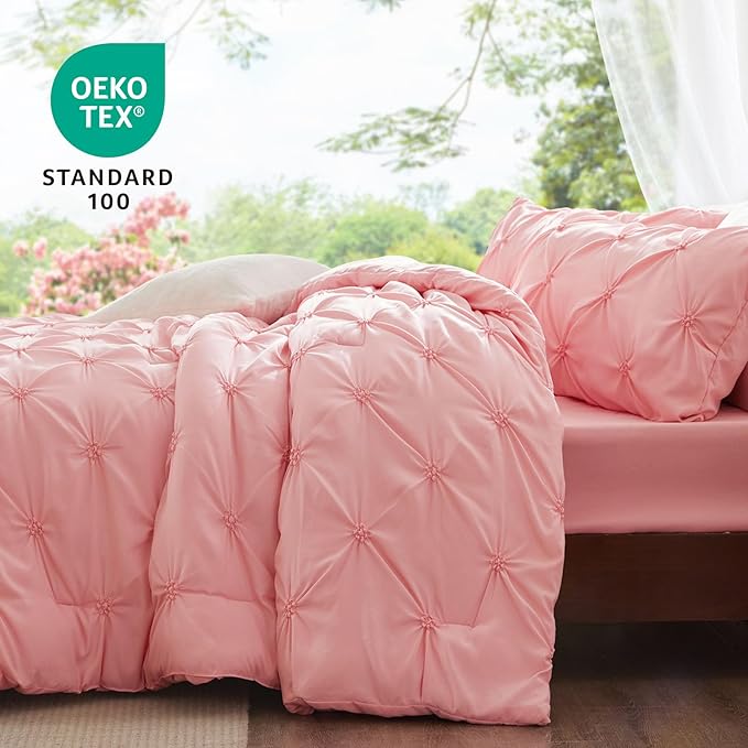 BEDELITE Pink Twin Comforter Set - 2 Peices Boho Pintuck Bedding Comforter Sets, Lightweight Soft & Warm Twin Bedding Sets with 1 Pillowcase for All Season
