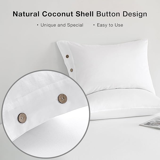 JELLYMONI Pillowcases Standard Set of 2 Cotton Button Pillow Covers 20×26in White Bed Pillow Cases 100% Washed Cotton Soft Breathable (Pillows are not Included)