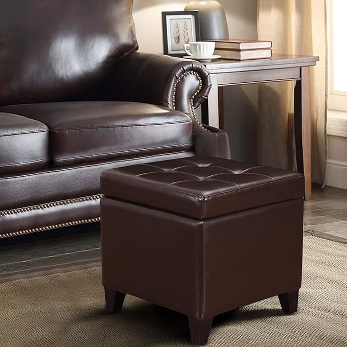 Tufted Leather Square Storage Ottoman, Lift Top Cube Footstool with Hinged Lid Footrest with Wood Legs (Brown)