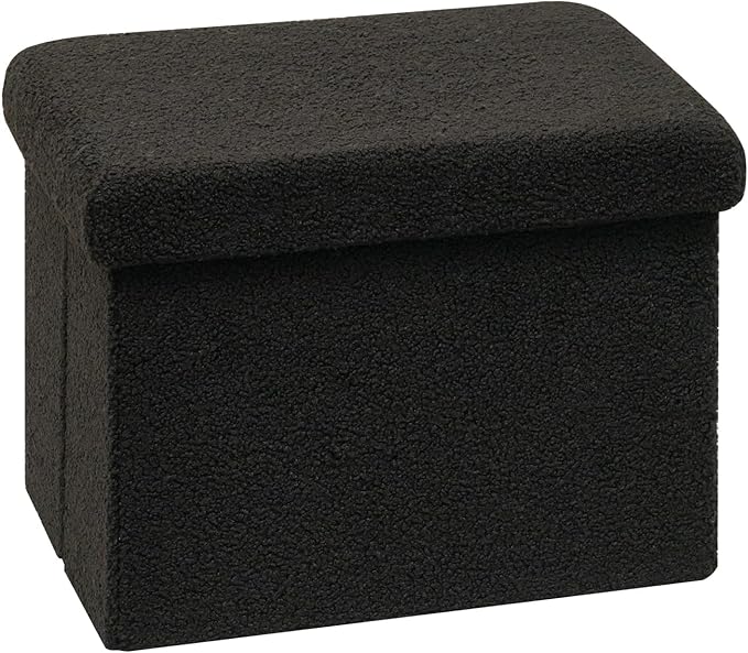 PINPLUS Storage Ottoman Cube Ottoman Foot Rest,Small Foldable Portable Boucle Upholstered Sherpa Ottomans, Faux Teddy Fur, Black 16.5"x12.6"x12.6"