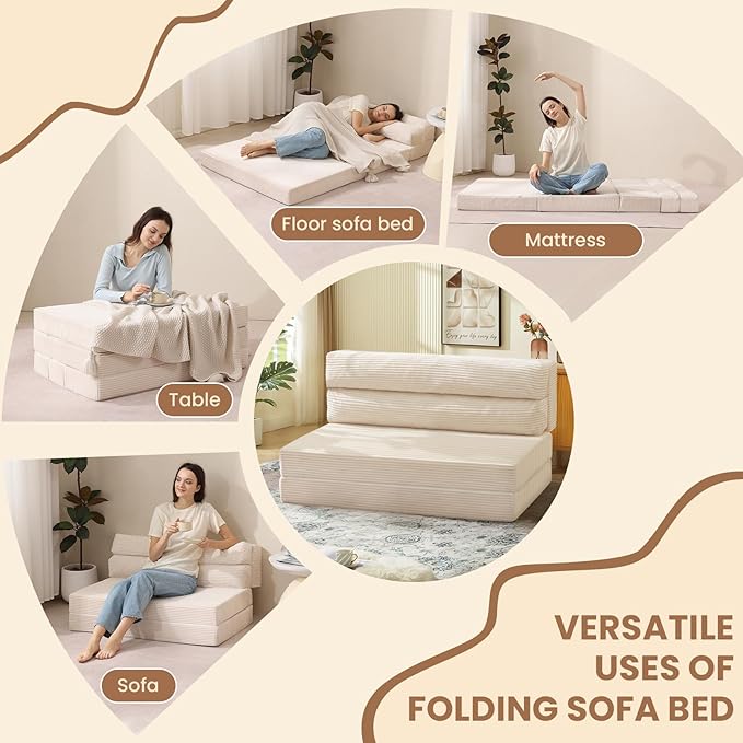 Folding Sofa Bed, Convertible Sleeper Chair with Pilow Foldable Matress, 2 in 1 Pull Out Loveseat Sofa Portable Fold Out Chair Bed Floor Couch Lounge for Living Room Bedroom (Beige, Twin)