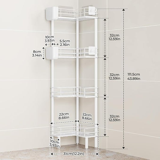 Orimade Rustproof 4 Tier Floor Standing Corner Shower Caddy Organizer with Toothbrush Holder, Large Spacing Floor Shower Shelf Rack Storage Stands with Hooks for Bathroom Kitchen, White
