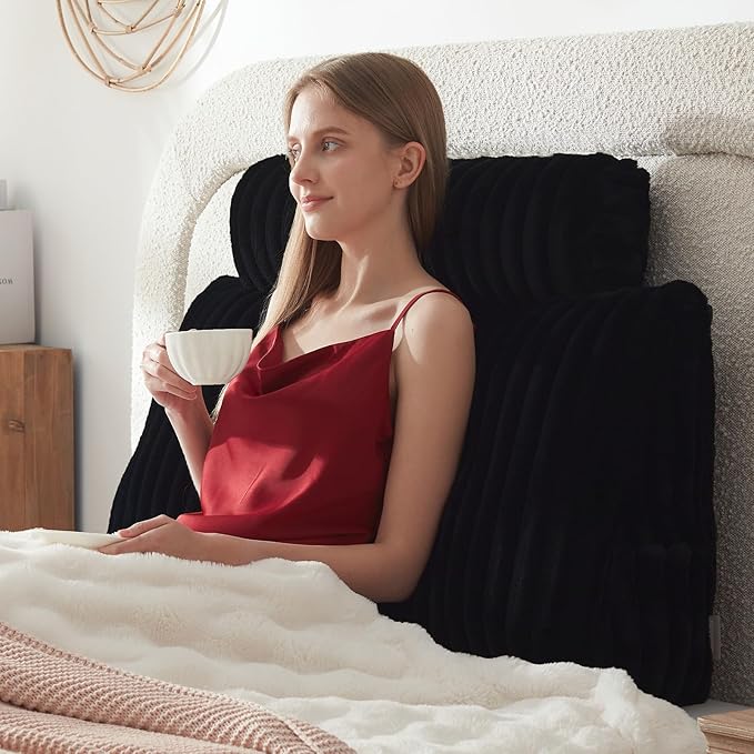 Headboard Pillow + A Long Neck Roll Pillow Body Pillow，Faux Fur Headboard Wedge Pillow with Removable Cover (Black, Twin：39x8x20 inches)