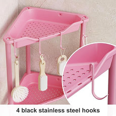 Orimade Rustproof 3 Tier Floor Standing Corner Shower Caddy Organizer, Plastic Metal Splicing Floor Corner Shelf Rack Stands for Bathroom, Pink