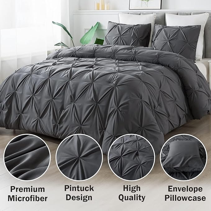 Andency Dark Gray Oversized King Comforter Set (120x98Inch), 3 Pieces Lightweight Pinch Pleat Cal King Bedding Comforters & Sets, Oversized Pintuck Soft Fluffy Down Alternative Bed Set for All Season