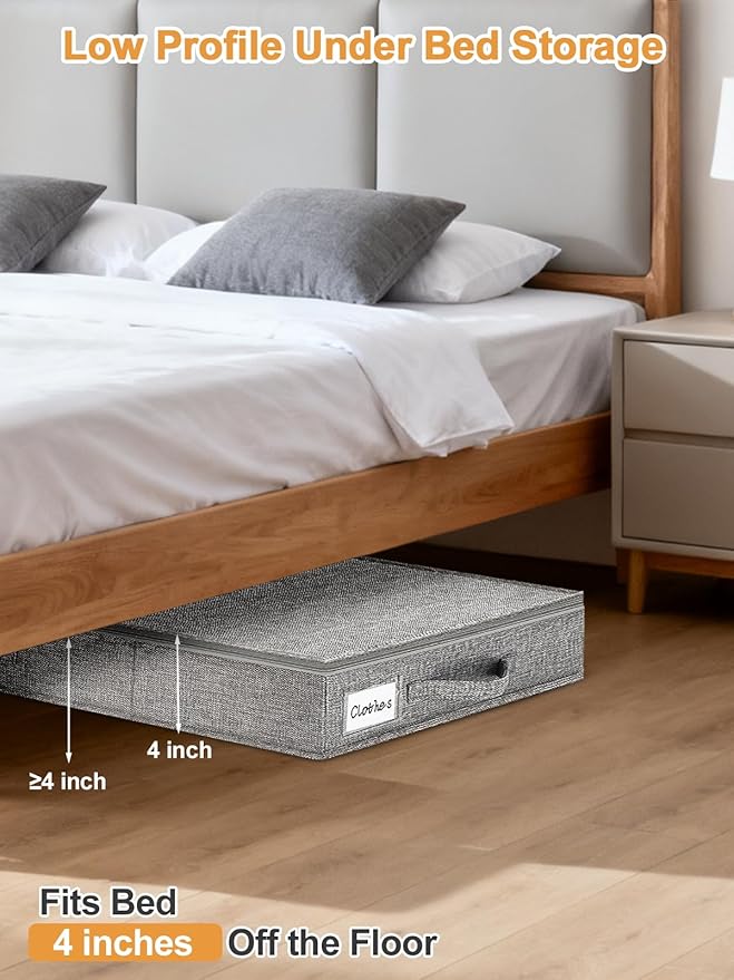 punemi Low Profile Under Bed Storage, 4 Inch Height Underbed Storage Containers With Sturdy Sidewalls & Bottom, Shallow Under Bed Organizer Clothes Storage Bins, Slim Under Couch Sofa Dresser Storage