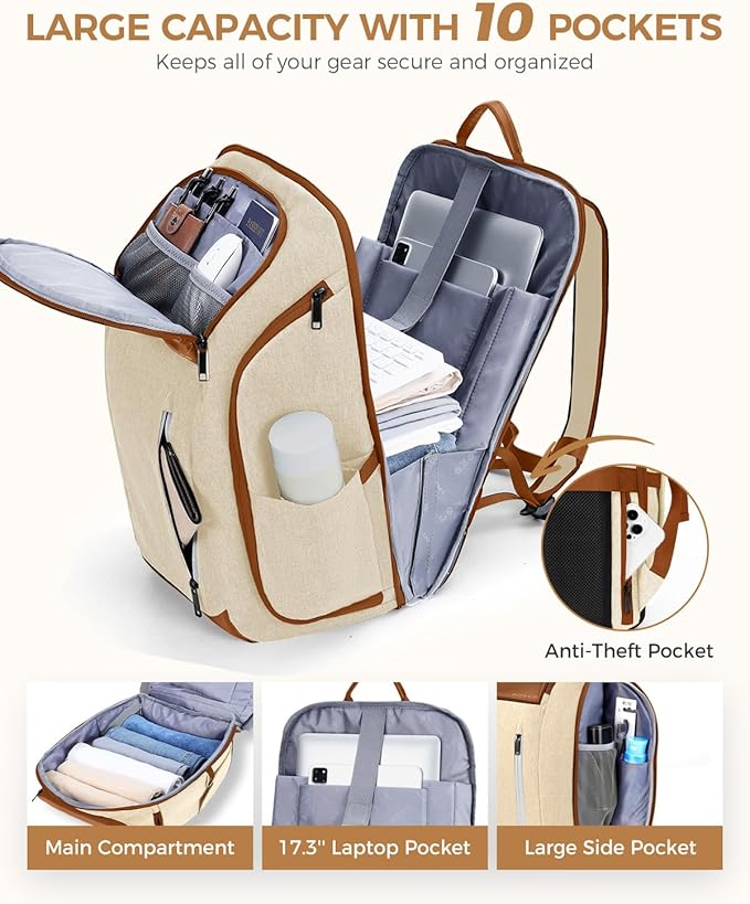 17 Inch Laptop Backpack for Men, Business Travel Anti-Theft Backpack with USB Charging Port, Water Resistant Computer Bag Carry On Flight Approved for Work College Weekender, Beige