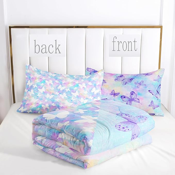 CVHOUSE Butterfly Reversible Comforter Set,Rainbow Butterfly Bedding Set for Girls Kids Teens,Tie Dye Butterflies Comforter Butterflies Duvet Set Room Decor Quilt Set Queen Size