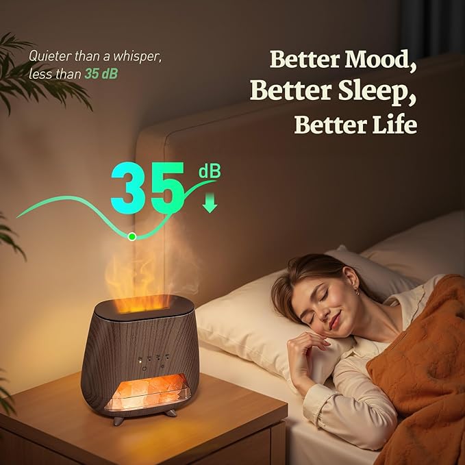 Essential Oil Diffuser for Home - Aromatherapy Diffuser with Pure Himalayan Pink Salt Rock, 200ml Wood Grain Scent Diffuser, Cool Mist Humidifier with 9 Colors LED Light for Bedroom, Black