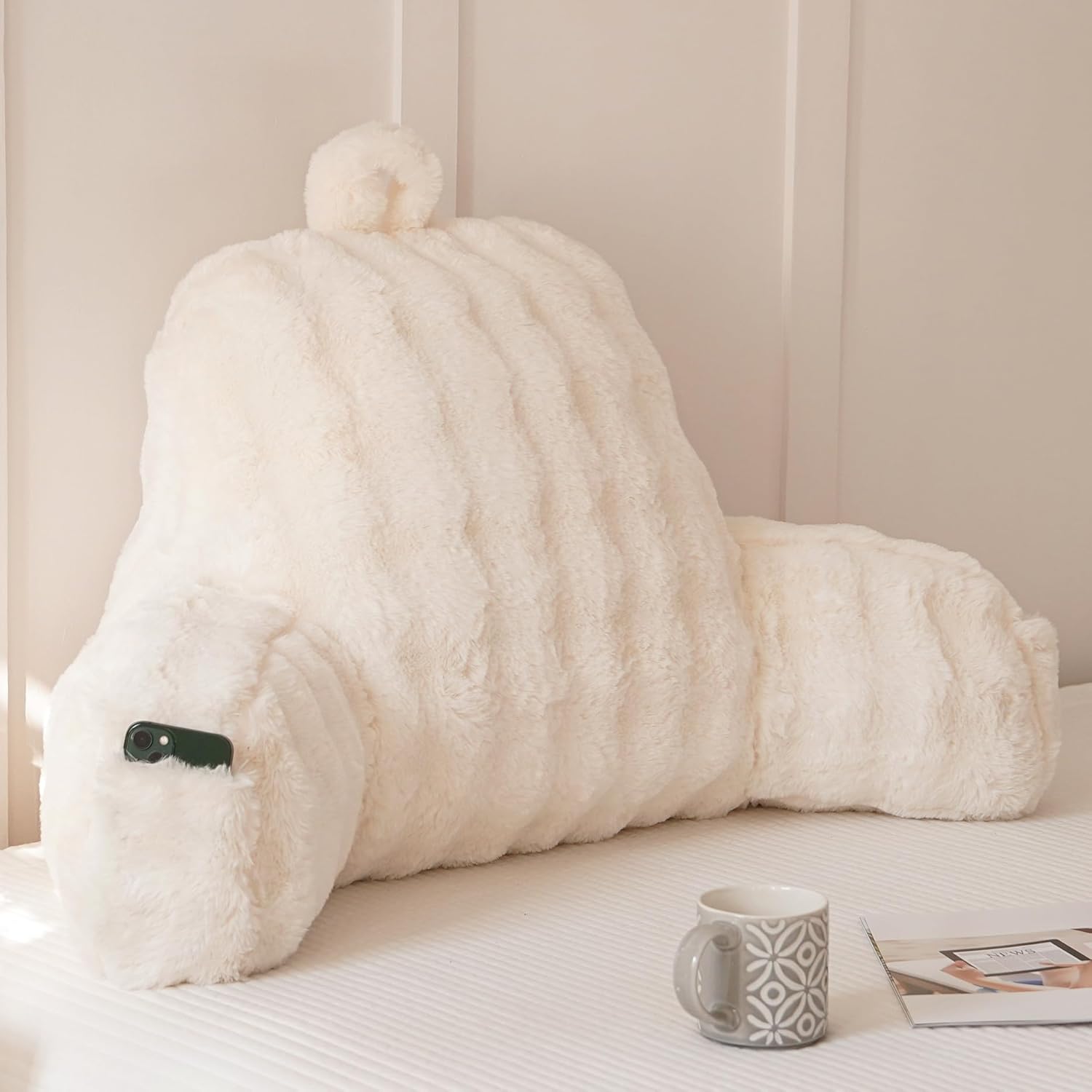 Yaoshuho Faux Fur Reading Pillow for Sitting in Bed, Large Backrest Bed Pillow with Arms, Back Support Pillow for Lounging Bedrest, Beige Dormly