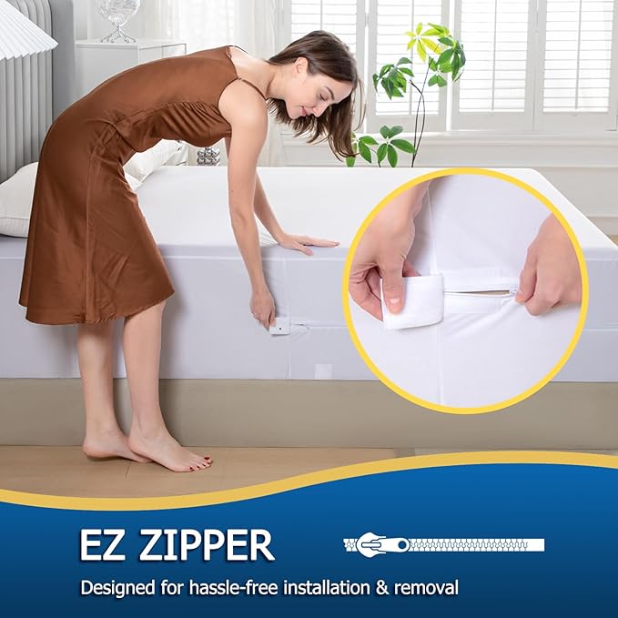 Queen Zippered Mattress Encasement, Waterproof Zipper Mattress Protector, Breathable, Noiseless, Machine-Washable Zip Mattress Cover，Fitting 7" - 15" Deep Mattress