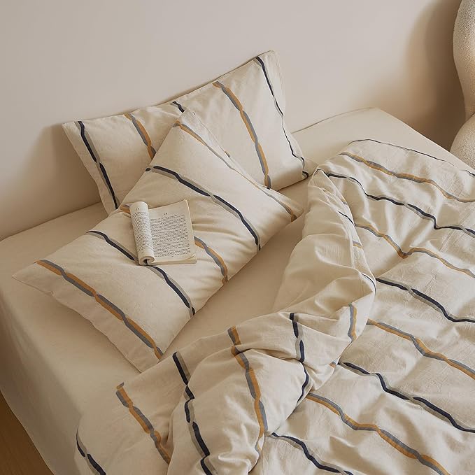VM VOUGEMARKET King Duvet Cover Set Jacquard Black Orange Stripes Duvet Cover with 2 Pillowcases Yarn-Dyed Linen Cotton Minimalist Bedding Set,104"x90"