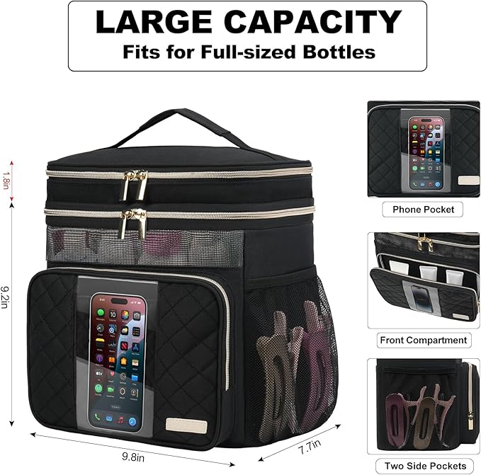 Portable Shower Caddy College, Quickly Dry Tolietry Mesh Tote Bag for Dorm Room Essentials, Hanging Bathroom Organizer Bag for Travel, Gym, Camping (Black)