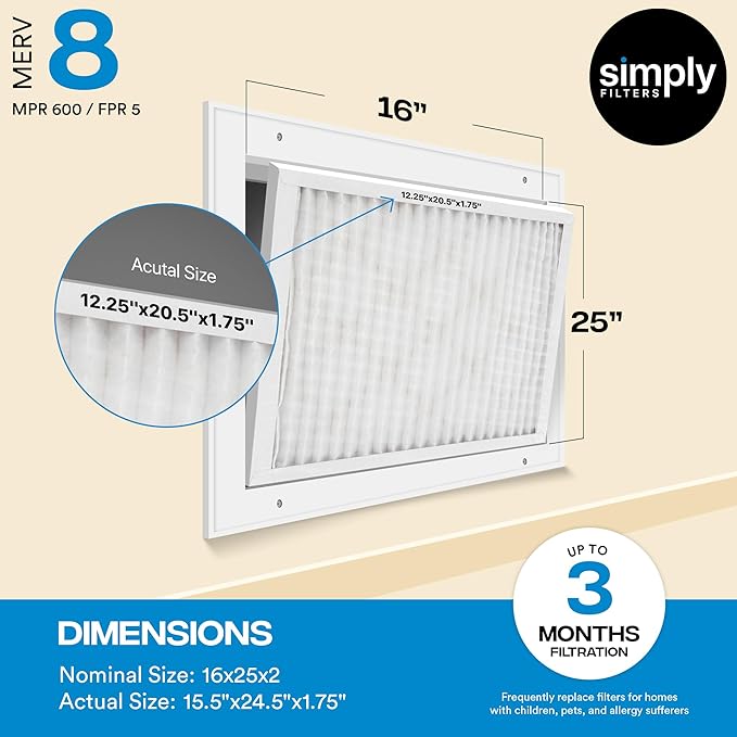 Simply 16x25x2 Air Filter, MERV 8, 6 Pack, Furnace Air Filter for HVAC (Actual Size:15.5"x24.5"x1.75") DUST, Pet, & Allergy Control