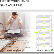 4NM No Assembly 6 Tiers Folding Bookshelf Storage Shelves Vintage Bookcase Standing Racks Study Organizer Home Office (All White)
