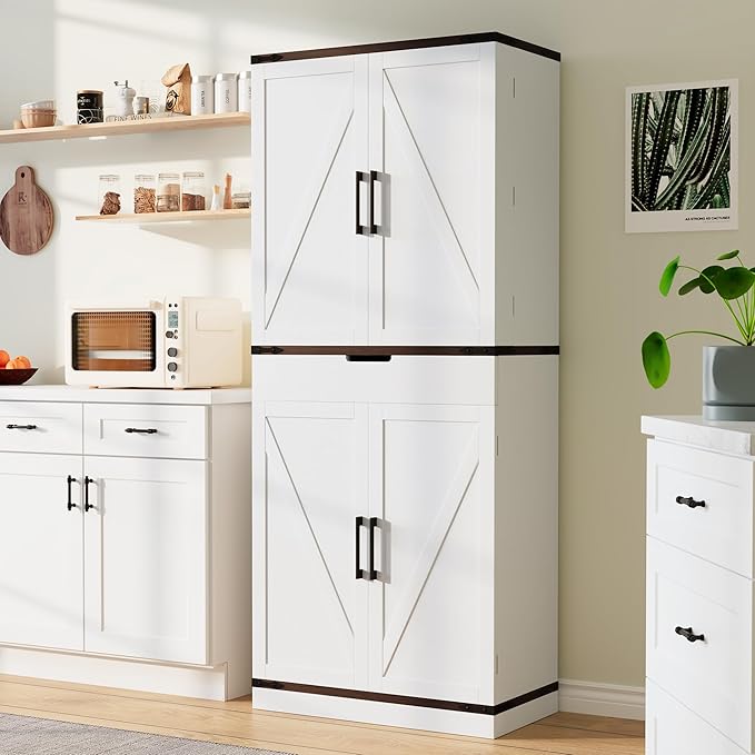 72" Tall Storage Cabinet, Kitchen Pantry Cabinet with Adjustable Shelves & Sturdy Steel Frame, Farmhouse Pantry Storage with 4 Barn Doors for Kitchen, Dining Room, and Living Room, White