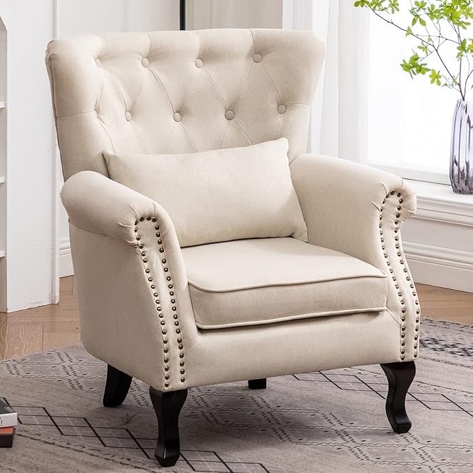 Mid Century Accent Chair for Living Room, Linen Fabric Button Tufted Armchair Wingback Club Chair, Modern Single Sofa Lounge Chair with Pillow for Reception/Bedroom, Beige