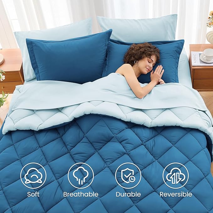 MUXHOMO 5 Pieces Twin Comforter Set, Reversible Bed in a Bag Twin Size, All Season Bedding Set with Comforter, Flat Sheet, Fitted Sheet, Pillowcases & Shams, Teal & Lake Blue