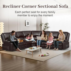 Manual Reclining Sectional Sofa Set, 7 Seats Soft Leather Recliner Corner Sectional Couch, Family-Sized L-Shaped Recliner Couch with USB Charging, Thickened Padding, Sturdy Frame, Brown