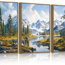 BINCUE Framed Mountain Landscape Wall Art Nature Forest Wall Decor Tree and River Art Print for Living Room Bedroom Office 16x24 Inches Set of 3