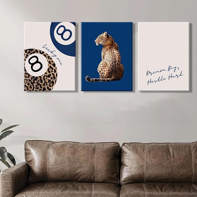 Navy Blue 3 Pcs Leopard Print Canvas Wall Art Cheetah animal prints 8 Ball Lucky Me pictures Trendy Wall decor Y2k aesthetics painting artwork for Apartment Dormitory College Decoration 12x16in