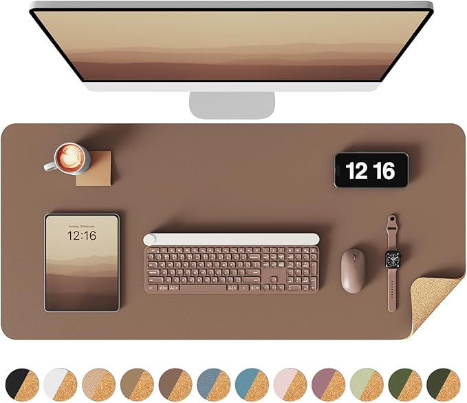 YSAGi Double-Sided Desk Pad, 35.4"x17"Leather Desk Mat, Eco Cork Desk Pad Protector,Large Mouse Pad,Waterproof Desk Blotter for Office/Home(Coffee)