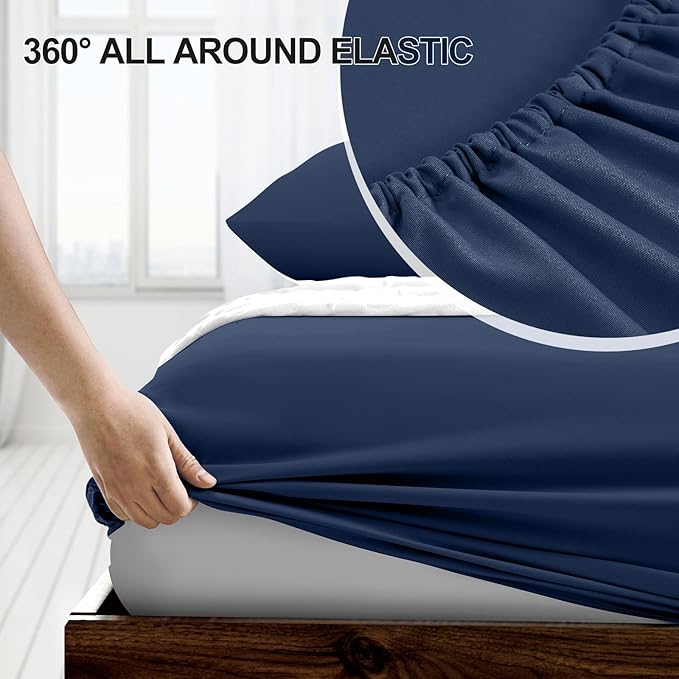 FreshCulture California King Fitted Sheet Only - Hotel Quality Fitted Sheet - Ultra Soft & Breathable - Brushed Microfiber - Deep Pocket - Cooling Fitted Sheets for Cal King Size Bed (Navy Blue)
