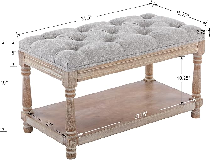 chairus Storage Bench 31.5" W Button Tufted Small Entryway Bench with Wooden Shoes Rack End of Bed Bench with Fabric Linen Upholstered Rectangular Seat for Bedroom Hallway Small Space, Grey
