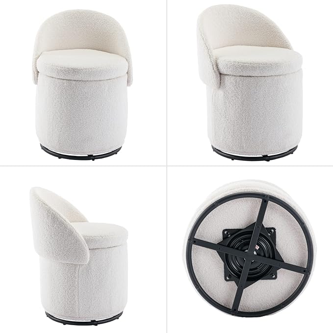 Modern Swivel Ottoman Vanity Chair, Sherpa Upholstered Barrel Club Chairs 360°Degree Swivel Side Chair with Storage, Comfy Makeup Stool for Bedroom Living Room, White