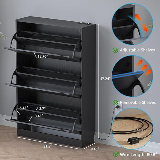 Shoe Cabinet with Odor Control and Back Panels, Deodorizing Slim 3-Flip Shoe Storage Cabinet for Entryway, Freestanding Hidden Shoe Rack Organizer for Entrance, Hallway, Bedroom