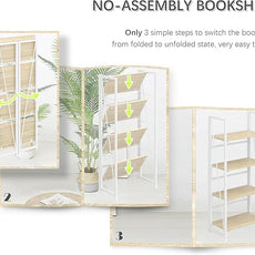 4NM No Assembly Folding Bookshelf Storage Shelves 4 Tiers Vintage Bookcase Standing Racks Study Organizer Home Office (Natural White)