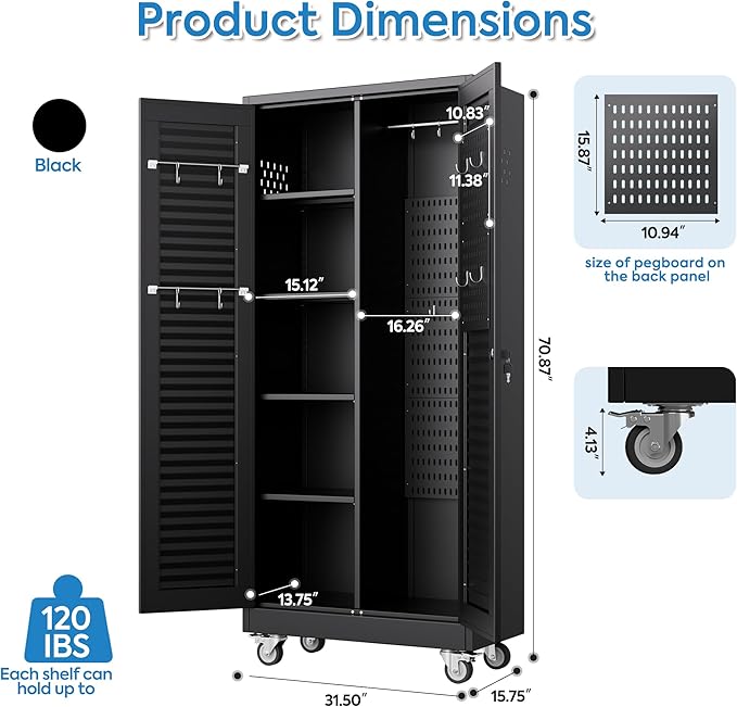 SUXXAN Broom Closet with Wheels 71"x 31.5"x15.75", Metal Cleaning Cabinets with Louvered Doors Hooks and Hanging Rods, Lockable Cabinet with Pegboard, Adjustable Shelf,for Garage, Laundry Room